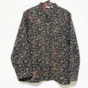 Chico's Size 2 Quilted Cotton Jacket Black Floral Sequin Embellished Large